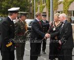 Taoiseach Enda Kenny TD, is welcomed to the Mayo Association Worldwide Convention 2011 at Hotel Westport, Westport Co Mayo by Cllr Tereasa McGuire Mayor of Westport and Peter Hynes, County Manager Mayo Co Co, included in photo are L-R Commodore Mark Mellett and  Comdt Michael Treacy, Taoiseach's aide-de-camp;  . Photo:Michael Donnelly