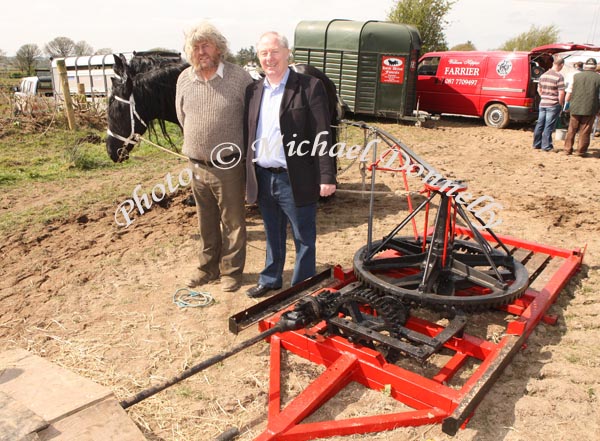 Johnny Fee, Dungannon Co Tyrone  pictured with Deputy Michael Ring and the Horse driven Thresher made by Hendersons of Omagh at the 2009 Mayo County Ploughing Championships at Claremorris. The Thresher is 120 years old and the only wooden Horse thresher working in Ireland. Photo:  Michael Donnelly
