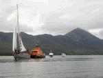 The Northabout and crew sail past Croagh Patrick (The Reek) on their way into Westport harbour after completing their historic voyage around the Artic Ice cap via the North West passage. She is escorted into Westport Harbour by the Achill lifeboat RNLB "Sam and Ada Moody" and other local boats.  Photo: Michael Donnelly.