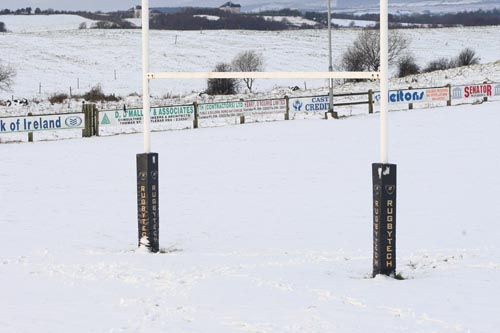 Castlebar Rugby pitch at Cloondesh after the snow fall on Friday last. Photo:  Michael Donnelly