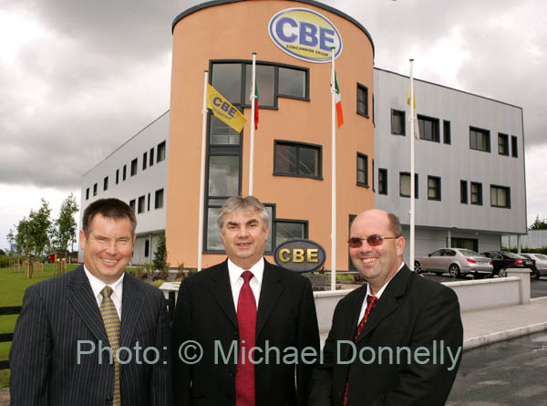 Gerry Concannon, CEO and Chairman of CBE  (centre) pictured outside CBE's new Head Office and Research and Development Facility in Claremorris Co Mayo with Seamus Murray, Group Director and Sean Kenna, Group Director CBE.   Photo:  Michael Donnelly

CBE are developers and manufacturers of software for the Retail Sector.   The company has been very successful in the development and commercialisation of Supermarket Scanning Software, Hospitality Software for Hotels, Pubs and Restaurants.
The company were the first in the world to invent software that enables telephone top-ups to be sold through tills like any other shopping item rather than having to go through a separate terminal.

The company has grown from 3 people in 1980 to 110 people in 2007.

On Friday 13th July, CBE launched it's New Head Office & Research & Development Centre at IDA Business Park, Claremorris,
Co. Mayo.

The Official Opening & Blessing was preformed by Most Reverend Michael Neary, D.D. Archbishop of Tuam.

The Mass of Thanksgiving was preformed by Fr. Cathal Brennan, uncle of the CEO, Gerry Concannon.

Gerry Concannon CEO of CBE said the company's growth was driven by new innovative software products developed by the
company which has now expanded into Northern Ireland & U.K. markets.