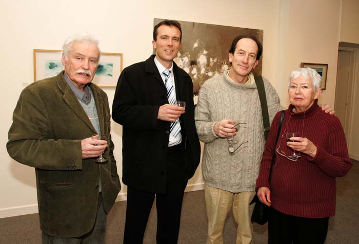 Pictured in the Linenhall Arts Centre Castlebar, at the official opening of "Ballinglen the First 15 years", An exhibition of 25 works from the Collection of Ballinglen Arts Foundation, selected by Linenhall Arts Centre Chairman Eamon Smith. The exhibition includes works by Nancy Wynne-Jones, San McSweeney, John OLeary, Donald Teskey, Mary Lohan and many more, included in photo from left: Councillor Johnny Mee, Councillor Harry Barrett, Alec Nicholson, Ballyheane and Angela Burt, Ballyvary. Photo:  Michael Donnelly