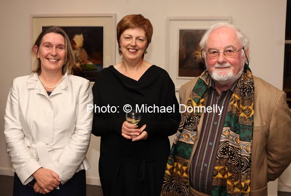 Marie Farrell, Director Linenhall Arts Centre Castlebar pictured at the official opening of "Discovered Moments" an exhibition of recents works by Deirdre Walsh (centre) in the Linenhall Arts Centre Castlebar. The official opening was performed by Author Michael Mullen (on right).Photo:  Michael Donnelly