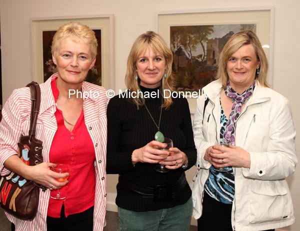 Helena Irwin, Dympna Smyth and Miriam Leonard Castlebar, pictured at the official opening of "Discovered Moments" an exhibition of recents works by Deirdre Walsh in the Linenhall Arts Centre Castlebar. The official opening was performed by Castlebar Author Michael Mullen. Photo:  Michael Donnelly