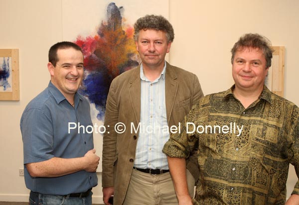 Pictured at the official opening of "Learning to Fly"  an exhibition of work by Fabrizio Simeoni in the Linenhall Arts Centre, Castlebar, from left: Oisin Herraghty, Linenhall Arts Centre; Ger Reidy Westport and Ian Wieczorek,  Linenhall Arts Centre. Photo:  Michael Donnelly