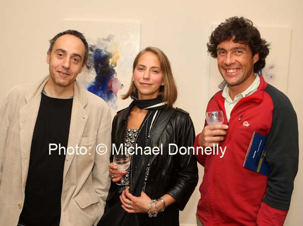 Pictured at the official opening of "Learning to Fly" an exhibition of work by Fabrizio Simeoni in the Linenhall Arts Centre, Castlebar, from left: Fabrizio Simeoni Artist; Anneli Watson  and Red Cabot Westport.  Photo:  Michael Donnelly