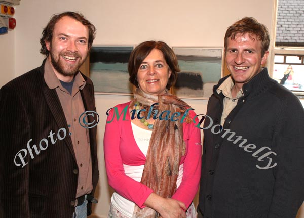 Pictured at the official opening of "Soft Day, Thank God" an exhibition of recent paintings by Leah Begg in the Linenhall Arts Centre, Castlebar, from left: Darragh O'Flaherty, Oughterard, Galway; Louise Shanley, Bray  and Geoff Beggs, Blackrock, Dublin.Photo:  Michael Donnelly