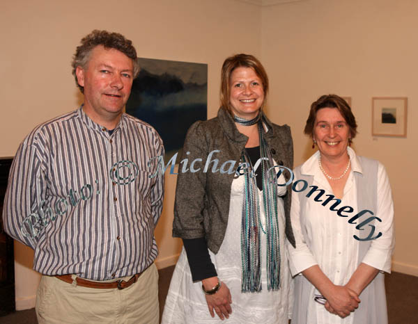 Pictured at the official opening of "Soft Day, Thank God" an exhibition of recent paintings by Leah Begg in the Linenhall Arts Centre, Castlebar, from left: Ger Reidy, who performed the official opening; Leah Beggs, Artist, Oughterard, Galway / Dublin; and Marie Farrell, Director Linenhall  Art Centre, Castlebar.Photo:  Michael Donnelly