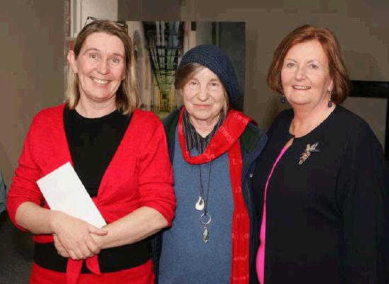 Marie Farrell, Director Linenhall Arts Centre Castlebar, Achill based artist Camille Souter, and Dr Patricia Noone, (who performed the official opening) pictured at the official opening Asylum, an exhibition by Artist Mary Kelly in the Linenhall Arts Centre, Castlebar.  Photo Michael Donnelly

