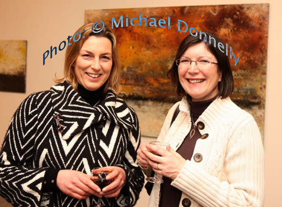 Sylvia Hodgins, Sligo and Gwen McSwiney, Cork, pictured at the Linenhall Arts Centre, Castlebar at the opening of an exhibition of recent paintings by Michael McSwiney (Courtmacsharry West Cork). Photo:  Michael Donnelly