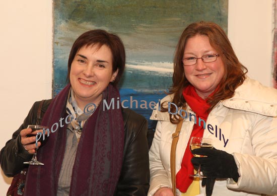 Fiona Quinn-Bailie and Bernie McCormick, Castlebar, pictured at the Linenhall Arts Centre, Castlebar at the opening of an exhibition of recent paintings by Michael McSwiney (Courtmacsharry West Cork). The exhibition continues until 28 February. Photo:  Michael Donnelly