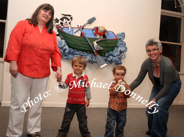 Pictured at the official opening of "The Owl and the Pussycat" by artists Cathy Hack & Grinne OReilly in the Linenhall Arts Centre; Castlebar, from left: Maura Connolly, Administrator, Linenhall Arts Centre and her nephew Peter Northime, (Belfast) Con Naughton and Orla Henihan, Arts Access Officer Linenhall Arts Centre. Photo:  Michael Donnelly