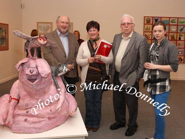 Pictured at the official opening of "The Owl and the Pussycat" by artists Cathy Hack & Grinne OReilly in the Linenhall Arts Centre, Castlebar, from left: Cllr Michael Kilcoyne, Castlebar; Patricia Rice, Islandeady, Sean  Heala, Castlebar and Debbie Rice. The Exhibition continues until Saturday 31st October. Photo:  Michael Donnelly