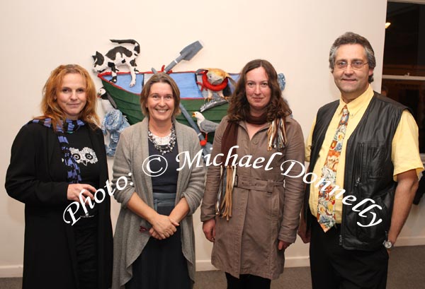 Pictured at the official opening of "The Owl and the Pussycat" by artists Cathy Hack & Grinne OReilly in the Linenhall Arts Centre, Castlebar, from left: Cathy Hack , Marie Farrell, Director Linenhall Arts Centre, Grinne OReilly and  Art  Silleabhin, who performed the official opening. The Exhibition continues until Saturday 31st October.