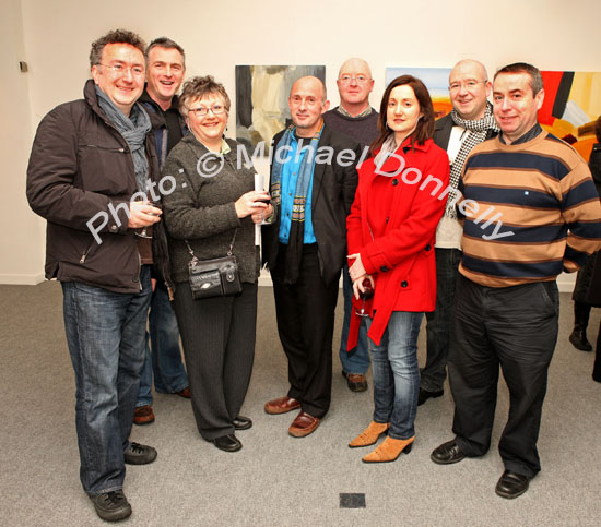 Pictured at the official opening of "Intimate Ground", an exhibition of atmospheric paintings by artist Stephen Rinn, in the Linenhall Arts Centre Castlebar, from left: Tom Meenaghan, Kiltimagh, Seamus Morris, Kltimagh, Trishe Meenaghan, Stephen Rinn, (Artist); Andrew McNicholas,  Marie Whyte, Francis Meenaghan and Damien Walsh, Kiltimagh.Photo:  Michael Donnelly