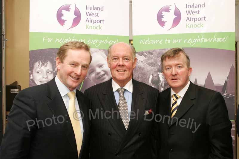 Deputy Enda Kenny, Leader of Fine Gael pictured with Joe Kennedy chairman of Ireland West Airport Knock and Deputy John Perry TD at the launch of scheduled Transatlantic Services to New York and Boston. Photo:  Michael Donnelly
