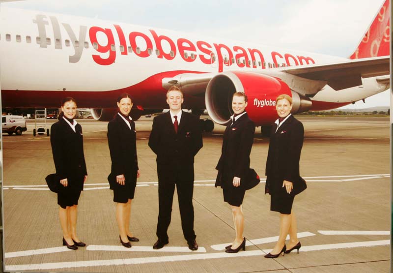 The Fly Globespan poster at the launch of scheduled Transatlantic Services to New York and Boston. Photo:  Michael Donnelly