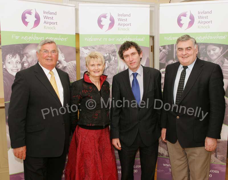 Ray McSharry, Chairman Failte Ireland North West, pictured with Independent Deputies Marian Harkin,TD and MEP and Dr Jerry Cowley TD and Sean Hannick chairman of Council for the West in Ireland West Airport Knock at the launch of scheduled Transatlantic Services to New York and Boston. Photo:  Michael Donnelly