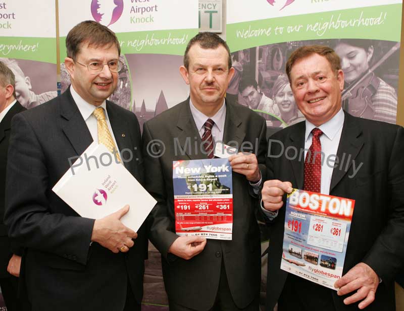 amon  Cuv TD, Minister for Community, Rural & Gaeltacht Affairs pictured with Shay Kenna Managing Director of Delta Globespan Tours and Jim Kelly  of Crystal Tours Boston at the launch of scheduled Transatlantic Services to New York and Boston. Photo:  Michael Donnelly