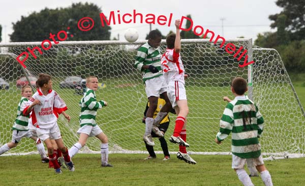  Castlebar's Noa Baba clears his lines in the semifinal game against Monaleen Limerick 
at the HSE Community Games National Finals in Mosney. Photo:  Michael Donnelly