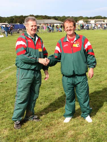  Cllr Martin Keane, extends good wishes to  the  Castlebar U-12 Soccer team  manager Gerry Conway before the final at the HSE Community Games National Finals in Mosney. Photo:  Michael Donnelly