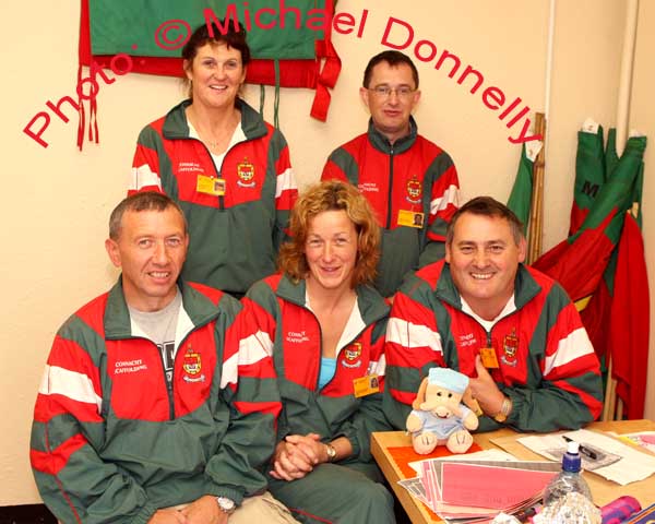 Group pictured in the Mayo HQ chalet at the HSE Community Games National Finals in Mosney front from left: Michael Brophy, Chairman Connacht Council Community Games and Mayo PRO; Antoinette Meehan, treasurer; John Quigley Chairman; at back: Sandra Hyland and Gerry McGuinness. Photo:  Michael Donnelly