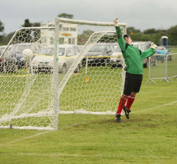 This penalty kick from Castlebar's Colm Nevin in the semifinal game against Monaleen Limerick goes to the back of the net at the HSE Community Games National Finals in Mosney. Photo:  Michael Donnelly