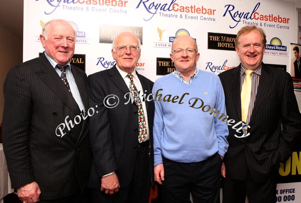 Pictured at the Joe Dolan Reunion Show in the TF Royal Theatre Castlebar,m  from left: Chris Feerick, Kiltimagh, Sean Casey, Mullingar; Paul Claffey, Mid West Radio; and James Cafferty, Irish Show Tours, Dublin. Photo:  Michael Donnelly