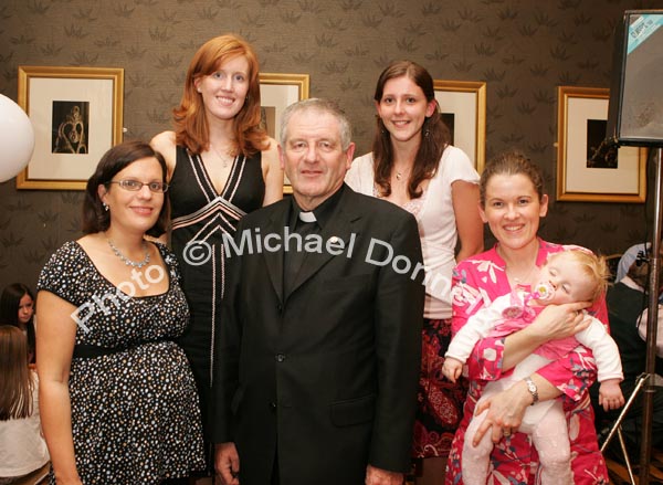 Fr Paddy Kilcoyne P.P. Kiltimagh pictured with his nieces at the Ruby anniversary Celebrations of his Ordination in The Park Hotel, Kiltimagh, front Karen Leddin and Joanne and Tara Hosey, Tubbercurry; at back: Orla Walsh, Limerick, and Isobelle Kilcoyne, Tubbercurry. Photo:  Michael Donnelly