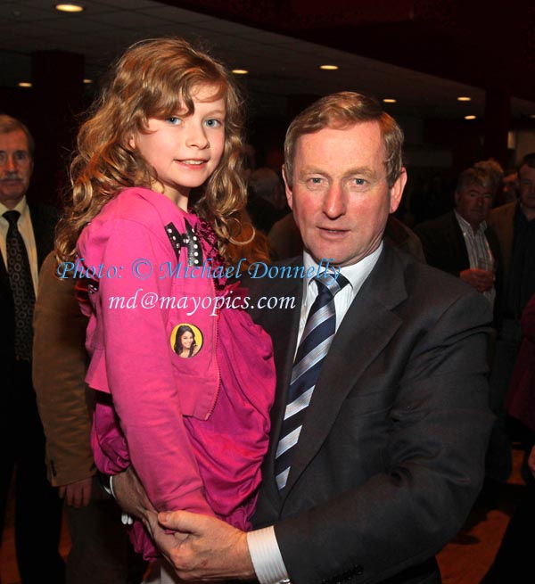 Elizabeth Loftus Ballina, is hoisted by Taoiseach Enda Kenny  at Endas Homecoming in Royal Theatre Castlebar. Photo:Michael Donnelly