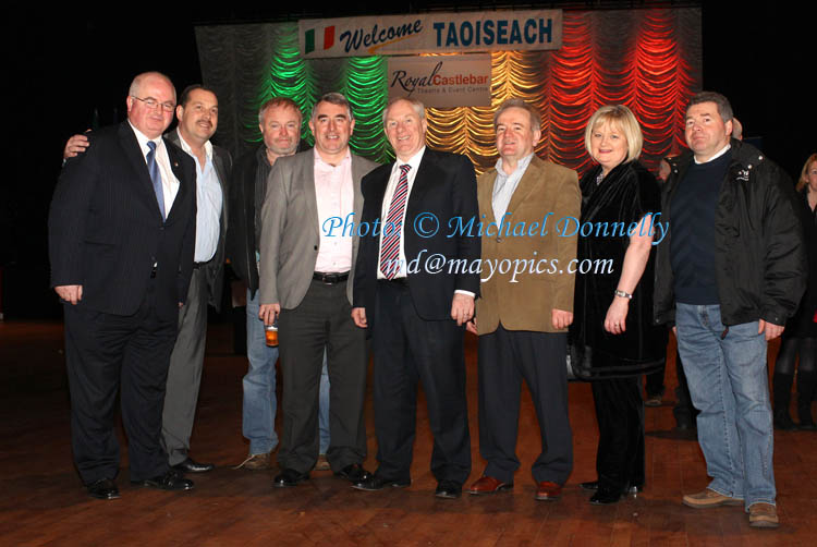 Pictured with Taoiseach Enda Kenny's Homecoming in Royal Theatre Castlebar from left. AJ Prendergast, President Mayo Asociation Dublin; Decclan Marley, Mayo Association Galway, Seamus Keane Newport Fine Gael Secretary;Pete O'Donnell, Westport FG;Minister Michael Ring,Juhn and Una Murphy and Kevin J Marley. Photo:Michael Donnelly