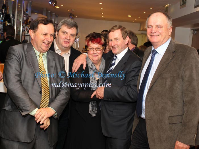  Taoiseach Enda Kenny pictured at his Homecoming in Royal Theatre Castlebar with  from left: Frank Quilter, Lixnaw, Co Kerry; Andrew Sheehan, Milltown Co Kerry;. Ann Strain, Dublin, Fine Gael Fundraiser; Taoiseach Enda Kenny, and Cllr Denis Stack. Photo:Michael Donnelly 

