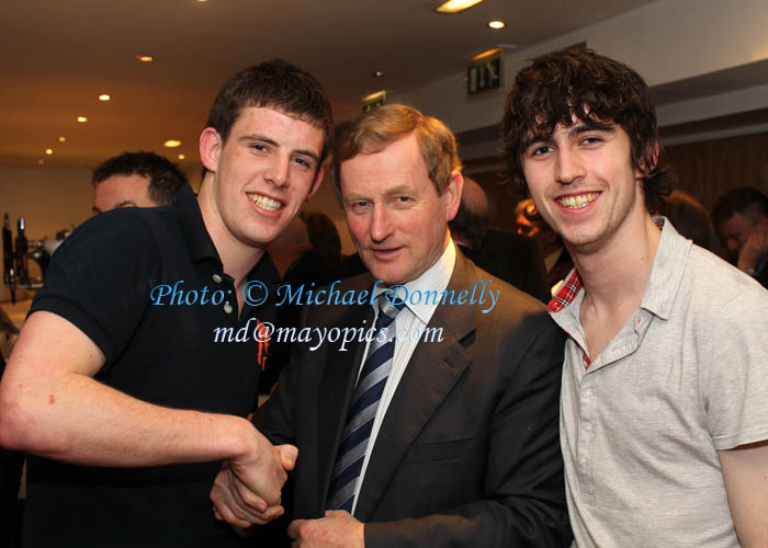 Cian Houlihan, Douglas, Cork and Tommy O'Neill, Killarney Co Kerry pictured with Taoiseach Enda Kenny at his Homecoming in Royal Theatre Castlebar.Photo:Michael Donnelly
