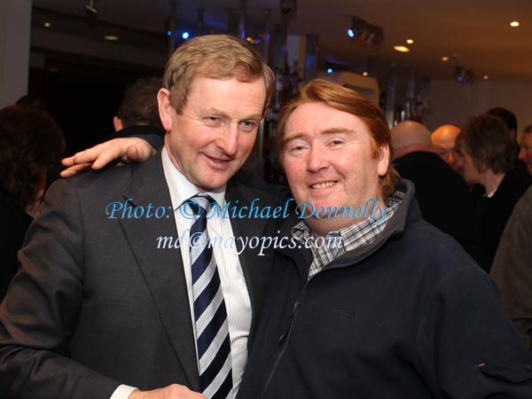   Taoiseach Enda Kenny pictured at his Homecoming in Royal Theatre Castlebar with Michael John Callaghan, Dooagh Achill. Photo:Michael Donnelly 