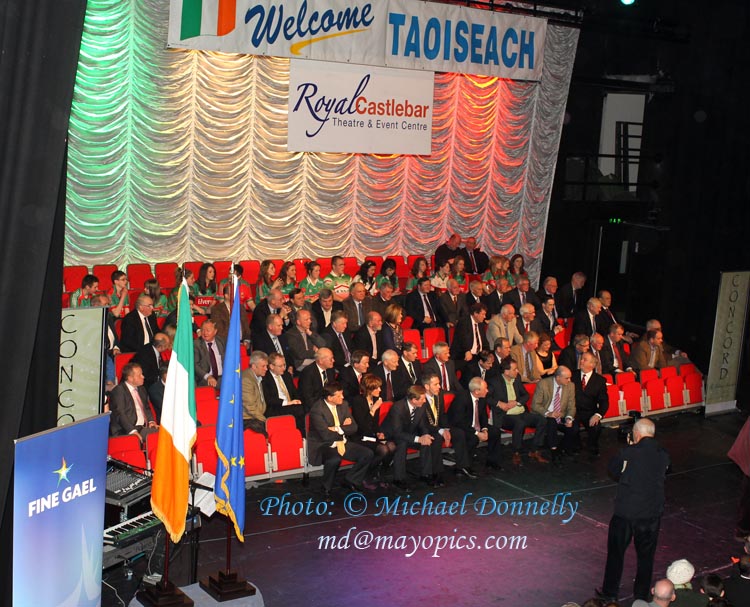 Taoiseach Enda Kenny pictured  on stage in Royal Theatre Castlebar  at his  Homecoming  Celebration  included at front Deputies John O'Mahony, Michelle Mulherin, Cllr Ger Deere, Mayor of Castlebar  and Minister Michael Ring. Photo:Michael Donnelly