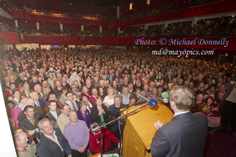 Taoiseach Enda Kenny addressing the huge crowd in the Royal Theatre Castlebar  at his  Homecoming  Celebration  Photo:Michael Donnelly