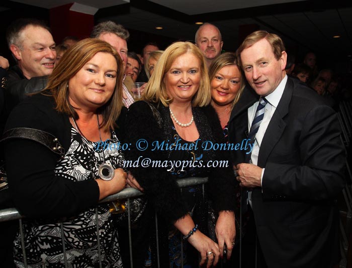 Three sisters from Castlebar, pictured with Taoiseach Enda Kenny at his homecoming in Royal Theatre Castlebar, from left: Martina Gallagher, Hilary Hickey and Christina Hans. Photo:Michael Donnelly