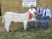 Richard O'Beirne, Ardour, Cloghans Hill, Tuam pictured at Roundfort Agricultural Show 2012  with his  Pedigree Charolais male Calf born from 1st Sept 2011 Champion Charolais of Show,  included in photo are Sean McGarry and Marshal Abbott (Judges). Photo: © Michael Donnelly Photography