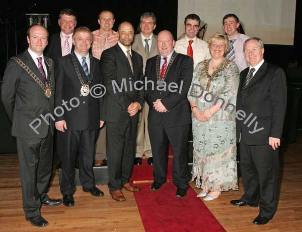Pictured at the Ulster Bank Western People Mayo Sports Awards 2006 presentation in the TF Royal Theatre Castlebar, front from left: Councillor Mark Winters, cathaoirleach Ballina Town Council; Councillor Gerry Coyle, Cathaoirleach Mayo CoCo; Guest of Honour Paul McGrath; Councillor Brendan Henahan, Mayor of Castlebar Town Council; Councilor Tereasa McGuire, Cathaoirleach Westport Town Council and Deputy Michael Ring, T.D.; at back: John O'Mahony, Mayo team manager; Aidan McNulty, Western People Advertising Exec. Brian Feeney Chief Executive Western People; Dara Calleary Ballina and James Laffey, Editor Western People . Photo:  Michael Donnelly