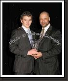 Daniel Glancy winner of the Racquetsports award is presented with his trophy by Guest of Honour Paul McGrath at the Western People Mayo Sports Awards 2006 presentation in the TF Royal Theatre Castlebar. Photo:  Michael Donnelly