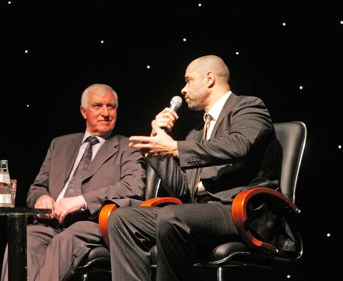 Republic of Ireland Soccer legend Paul McGrath speaking with Mick Byrne Irish team Physio at the Western People Mayo Sports Awards 2006 in the TF Royal Theatre Castlebar. Photo:  Michael Donnelly