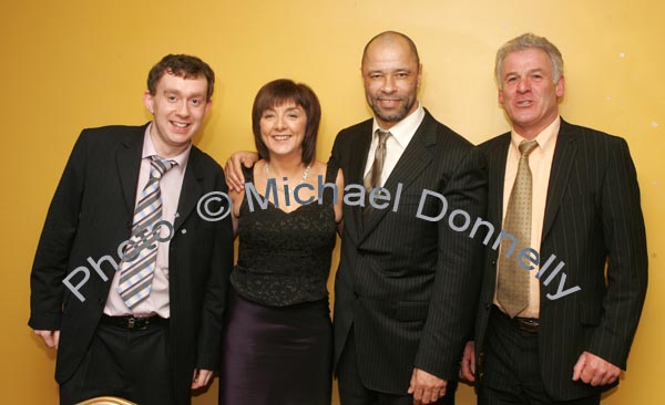 James Laffey, Editor Western People pictured with Guest of Honour Paul McGrath and Dolores and Bernie Kilcoyne at the Western People Mayo Sports Awards 2006 presentation in the TF Royal Theatre Castlebar. Photo:  Michael Donnelly