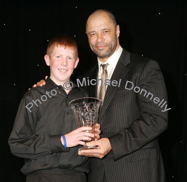 Snooker star Jason Devaney is presented with his award by Guest of Honour Paul McGrath at the Western People Mayo Sports Awards 2006 presentation in the TF Royal Theatre Castlebar. Photo:  Michael Donnelly