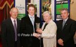 Ciaran OCathain, Kiltoom Roscommon is presented with his award at the Waterford Crystal A.A.I,  Juvenile Star Awards in the Belmont Hotel, Knock by  Breda Synott chairperson National Juvenile Committee AAI, included in photo are Michael Gaffney, Waterford Crystal (sponsor), and Patsy McGonagle Vice-president AAI Photo Michael Donnelly