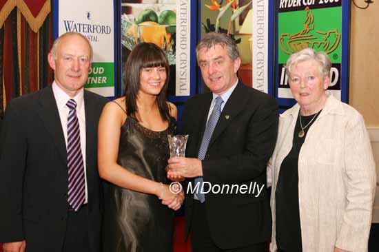 Nicola Hackett Glaslough is presented with her award at the Waterford Crystal A.A.I,  Juvenile Star Awards in the Belmont Hotel, Knock Co Mayo by  Patsy McGonagle Vice-president AAI included in photo are Michael Gaffney, Waterford Crystal (sponsor), and Breda Synott chairperson National Juvenile Committee AAI, Photo Michael Donnelly