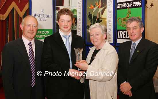 Ciaran OCathain, Kiltoom Roscommon is presented with his award at the Waterford Crystal A.A.I,  Juvenile Star Awards in the Belmont Hotel, Knock by  Breda Synott chairperson National Juvenile Committee AAI, included in photo are Michael Gaffney, Waterford Crystal (sponsor), and Patsy McGonagle Vice-president AAI Photo Michael Donnelly