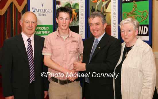 Thomas McBride  Drumcliff  North Sligo AC is presented with his award at the Waterford Crystal A.A.I,  Juvenile Star Awards in the Belmont Hotel, Knock by  Patsy McGonagle Vice-president AAI included in photo are Michael Gaffney, Waterford Crystal (sponsor), and Breda Synott chairperson National Juvenile Committee AAI, Photo Michael Donnelly