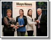 Juvenile Female Track and Field winners from left Marian Mattimoe (Mayo Athletics Board PRO) Aisling Costello of Claremorris AC, (joint winner) Jenny Hughes of Westport AC (joint winner  and Austin Garvan, of the Mayo News. Photo:  Michael Donnelly