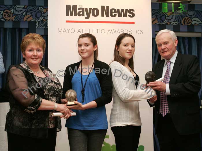 Juvenile Female Track and Field winners from left Marian Mattimoe (Mayo Athletics Board PRO) Aisling Costello of Claremorris AC, (joint winner) Jenny Hughes of Westport AC (joint winner  and Austin Garvan, of the Mayo News. Photo:  Michael Donnelly