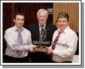 David Cusack on behalf of the players in the Breaffy senior panel makes a presentation to John Fahey, Senior team manager 2003- 2006 at Breaffy GAA Annual Dinner Dance in Breaffy House Hotel, Castlebar. Included in photo is club chairman Donal  Gallachoir. Photo:  Michael Donnelly